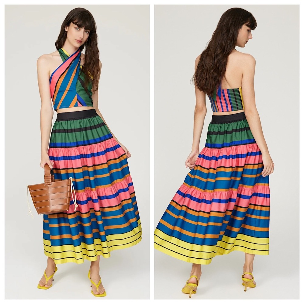 STAUD Formentera Stripe Sea Tiered Skirt Halter Top Set Women Sz 6/M Multi